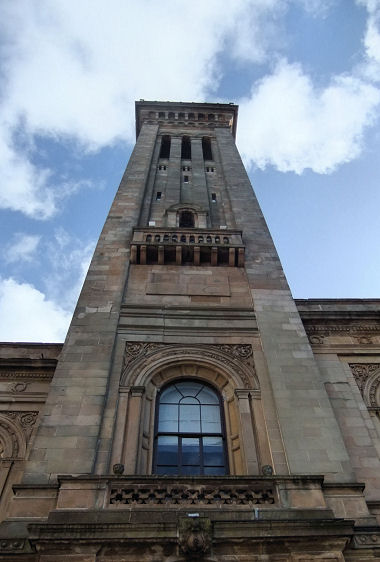 Looking upwards at tower of Trinity College