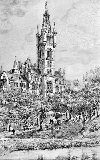Engraving of Glasgow University viewed from Kelvingrove Park