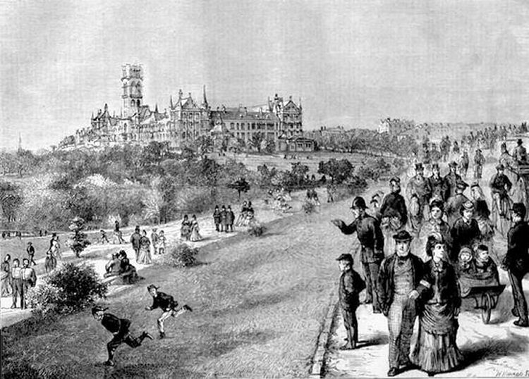 Scene at West End Park during construction of Glasgow University