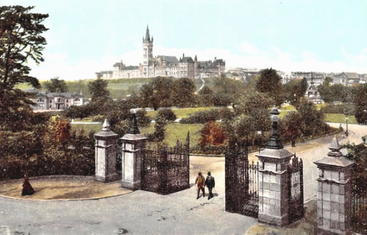 Print showing ornamental iron gates at Derby Street entrance to West End Park