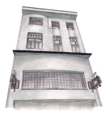 Drawing of façade of Willow Tearooms, Glasgow, Scotland
